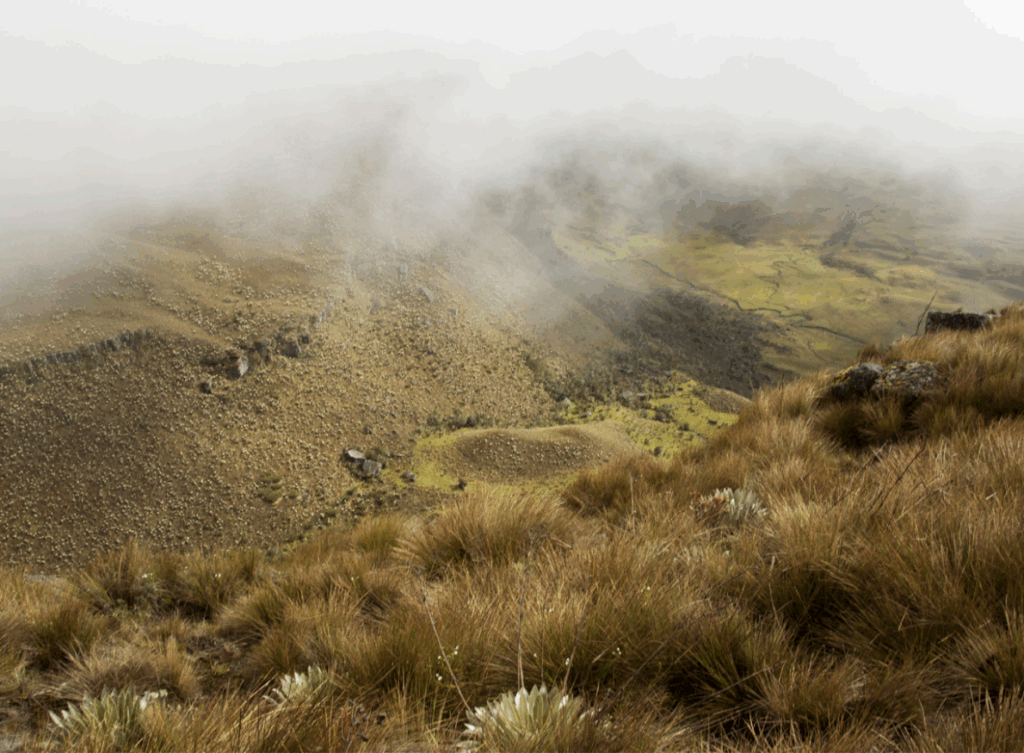 A landscape of foggy mountains.